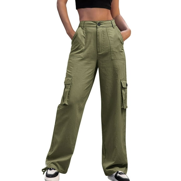 Stamzod Womens Cargo Pants with Multi-Pocket Fashion Vintage High Waisted Trousers Pants Casual Wide Leg Sweatpants Women Clothes Green-5 L
