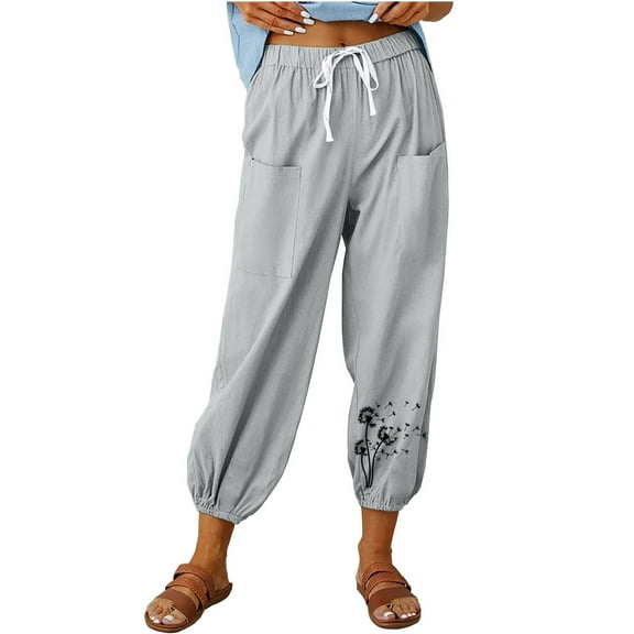Stamzod Womens Casual Pants Fashion Flower Printed Summer Cotton and Linen Elastic Waist Sweatpants Casual Loose Pants for Women with Pocket Gray D XXL