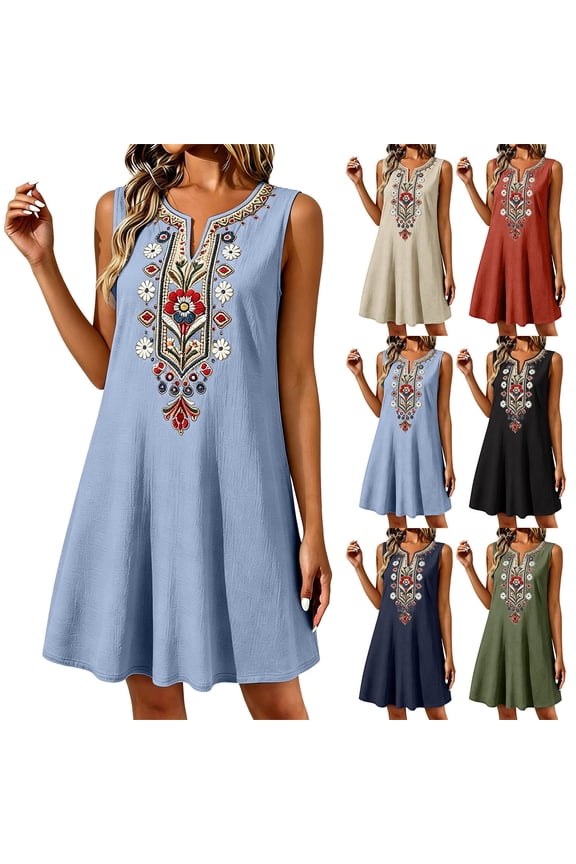 Womens Clothes Trendy 2026 Summer Boho Dress Casual V Neck Short Sleeve Embroidered Mini Sun Dresses with Pocket Orange L