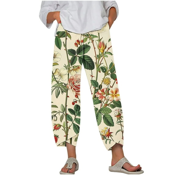 Stamzod Womens Cropped Pants Fashion Flower Printing Summer Lightweight Capris Daily Casual Loose Oversized Capri Pants for Women Multicolor XXXL