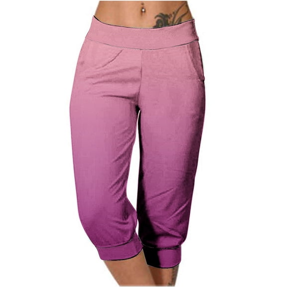 Stamzod Womens Cropped Pants Fashion Gradient Printing Summer Stretch Waist Capri Pants Casual Breathable Plus Size Capris for Women with Pocket Hot Pink B XXXL