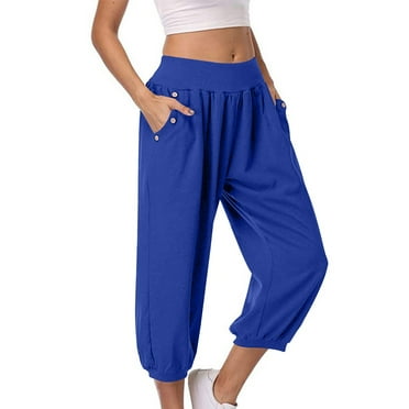 Stamzod Womens Cropped Pants Summer Solid Color Stretch Waist Capri Pants with Pocket Casual Loose Pull On Capris for Women on Clearance Blue A M