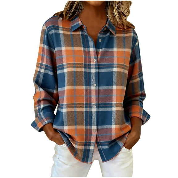 Stamzod Womens Dress Shirts Turndown Long Sleeve Button Up Shirt Women Casual Plaid Printed Fall Tops Blue R M
