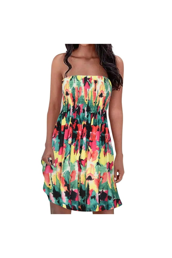 Womens Dresses Summer Sleeveless High Waisted Mini Beach Dress Boho Print Ruffle Hem Flowy Breast Wrap Sundresses for Women 2025 Yellow S