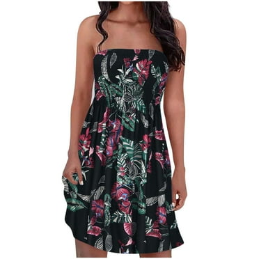 Stamzod Womens Dresses Clearance Summer Sleeveless High Waisted Mini Beach Dress Boho Print Ruffle Hem Flowy Breast Wrap Sundresses For Women 2024