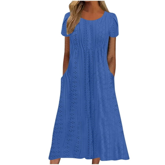 Stamzod Womens Dresses with Pocket Summer Solid Color Round Neck Ruffle Sundress Short Sleeve Casual Vacation Beach Maxi Dresses Blue A L