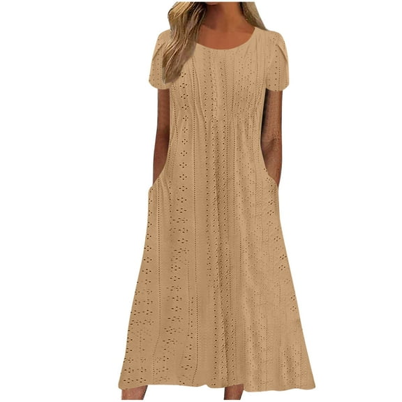 Stamzod Womens Dresses with Pocket Summer Solid Color Round Neck Ruffle Sundress Short Sleeve Casual Vacation Beach Maxi Dresses Khaki A XL