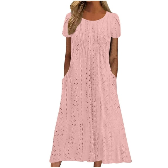 Stamzod Womens Dresses with Pocket Summer Solid Color Round Neck Ruffle Sundress Short Sleeve Casual Vacation Beach Maxi Dresses Pink A XXL