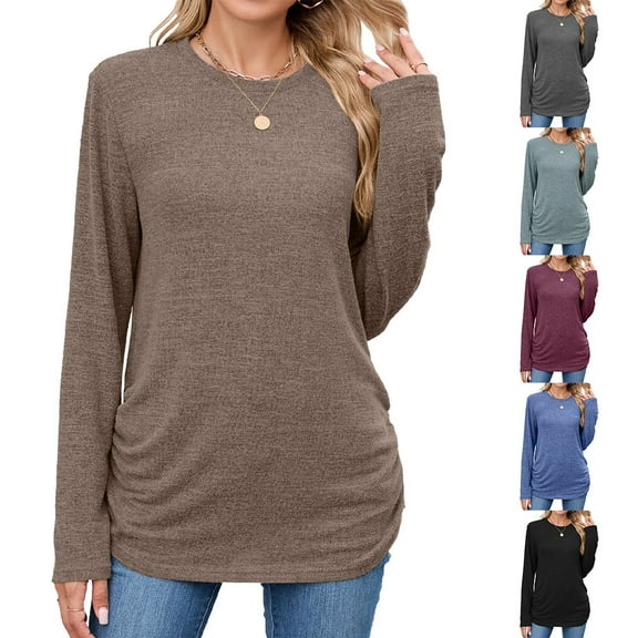 Stamzod Womens Fall Fashion 2025 Blouse Solid Color Crewneck Long Sleeve Shirt Casual Pullover Tops for Women Trendy Army Green L
