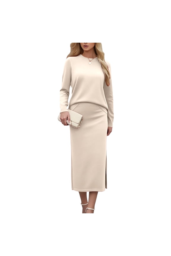 Womens Fall Fashion 2025 Solid Color Long Sleeve Sweater and Knitted Skirt Elegant Matching Sets Women Clothing Beige L