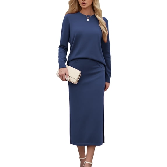 Stamzod Womens Fall Fashion 2025 Solid Color Long Sleeve Sweater and Knitted Skirt Elegant Matching Sets Women Clothing Navy M