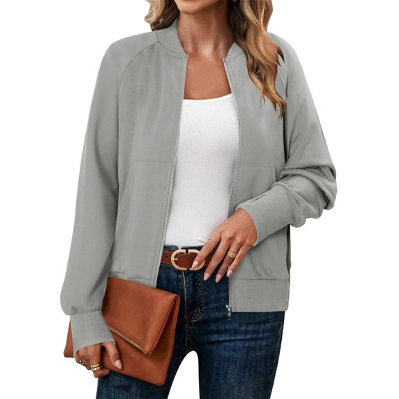 Stamzod Womens Fall Jackets Solid Color Long Sleeve Bomber Jacket Women Casual Work Coats with Pocket Gray E XXL