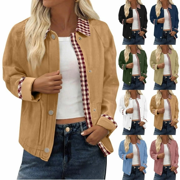 Stamzod Womens Fall Jackets Solid Color Turndown Button Up Jacket with Pocket Casual Long Sleeve Work Coats for Women Gold XL