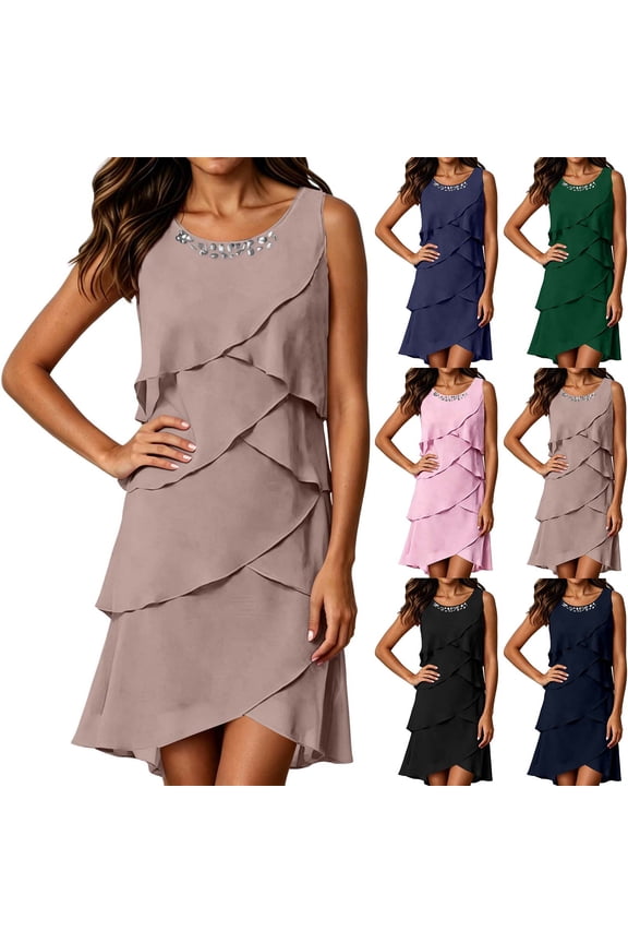 Womens Fashion 2026 Summer Tiered Ruffle Dress Crew Neck Sleeveless Cocktail Dresses Plus Size Chiffon Mini Dress Navy L
