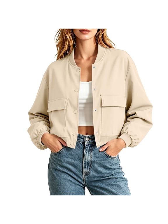 Womens Fashion Bomber Jacket 2026 Fall Coats Long Sleeve Cropped Button Up Jackets for Women