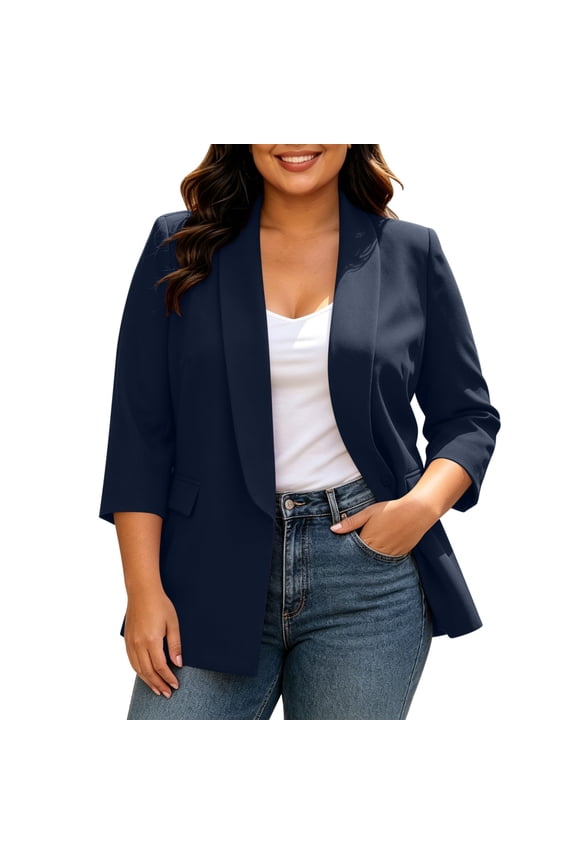 Womens Fashion Plus Size Blazer Lapel Collar Open-Front Dress Jacket Three Quarter Sleeve Office Suit Jackets with Pocket Navy XXXXL
