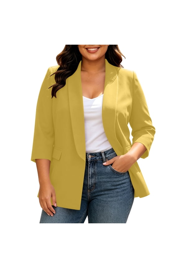 Womens Fashion Plus Size Blazer Lapel Collar Open-Front Dress Jacket Three Quarter Sleeve Office Suit Jackets with Pocket Yellow XXL