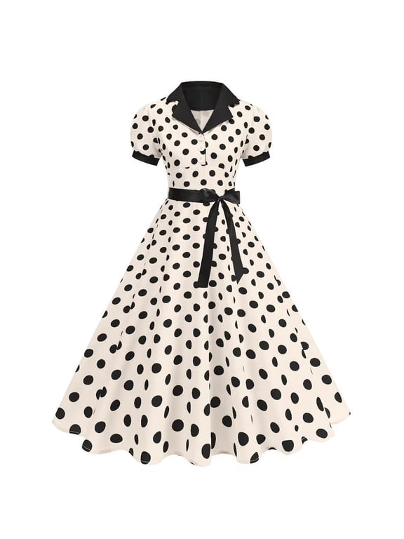 Womens Fashion Vintage Polka Dot A Line Swing Dress Lapel Puff Sleeve Tea Party Dresses for Woman