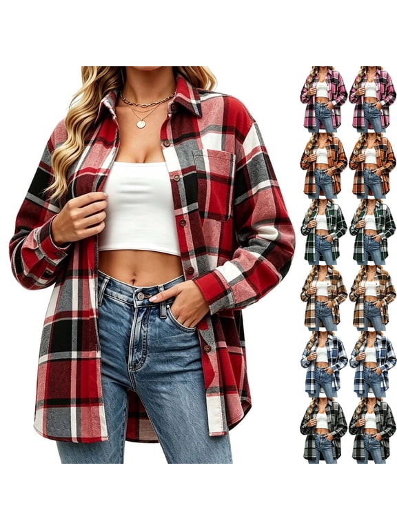 Womens Flannel Shirt Fall Fashion Long Sleeve Button Up Shacket Women Casual Plaid Shirts with Pocket