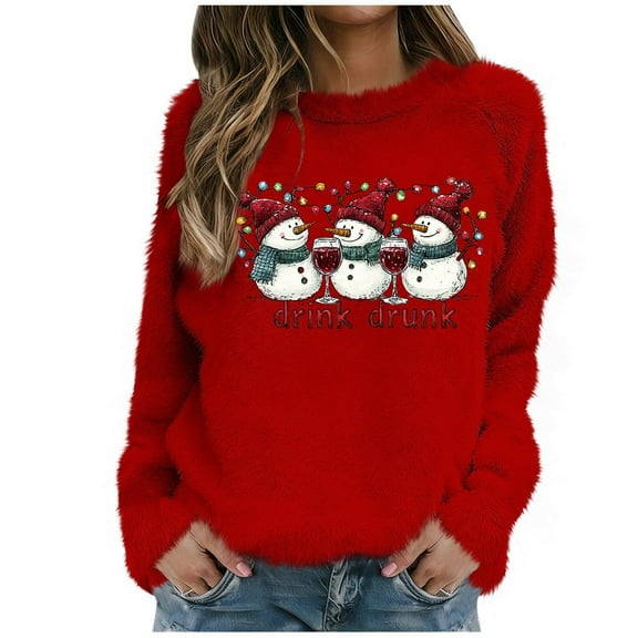 Stamzod Womens Fleece Christmas Clothes Xmas Print Long Sleeve Red Sweatshirt Women Winter Warm Oversized Crewneck Sweatshirts Red W XL