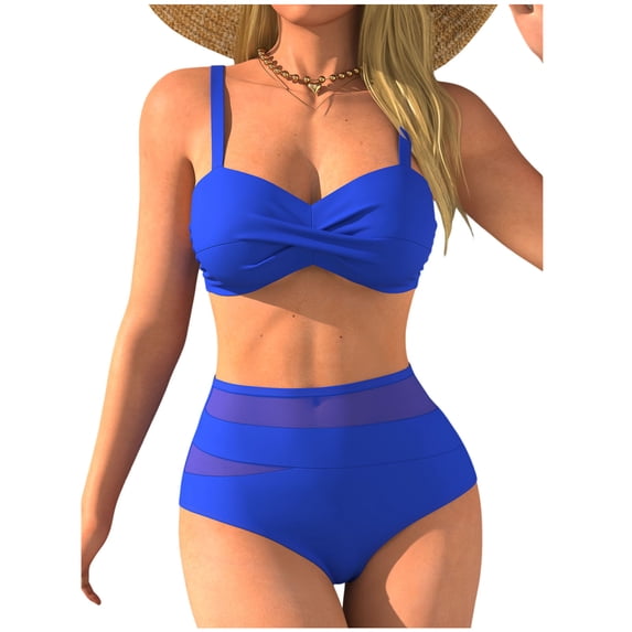 Stamzod Womens High Waisted Bikini Set Tummy Control Bathing Suit Mesh Modest Two Piece 2026 Swimsuit Blue E L