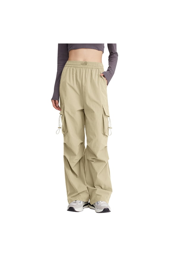 Womens Hiking Pants with Multi-Pocket Solod Color Elastic Waist Straight Cargo Pants Women Casual Sweatpants Beige-4 XL
