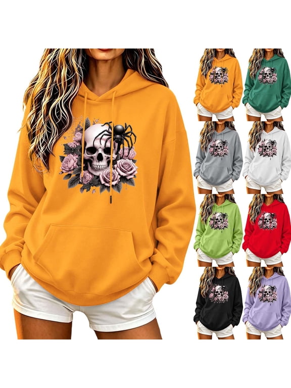 Womens Hoodie for Halloween Costumes Long Sleeve Skull Flower Graphic Hoodies Fall Fashion Pullover Sweatshirts Gray B XXL