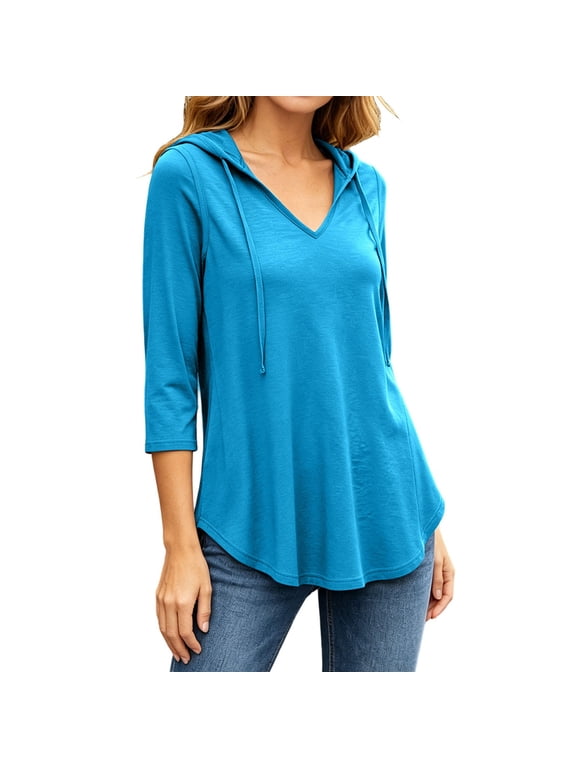 Womens Hoodies Dressy Casual V-Neck 3/4 Sleeve Tops Fall Fashion Loose Fit Plus Size Blouses with Hood
