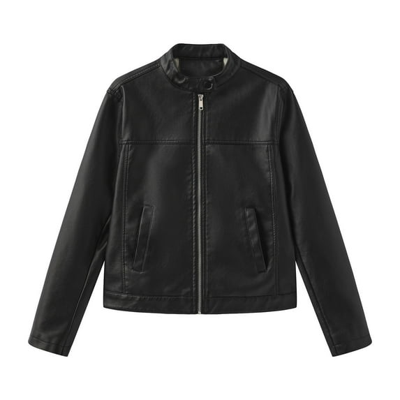 Stamzod Womens Jacket with Pocket Solid Color Long Sleeve Leather Jacket Women Casual Cropped Outerwear Jackets Black-1 XS