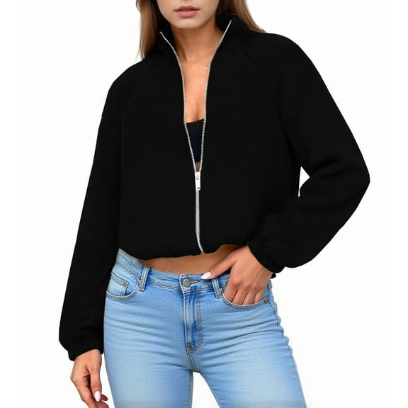 Stamzod Womens Jackets Casual Solid Color Long Sleeve Zip Up Jacket Athletic Cropped Fleece Jacket Women Women Outerwear Black L