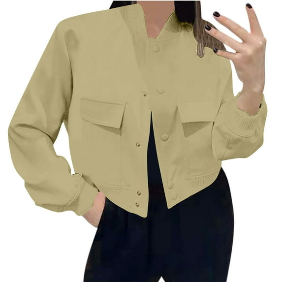 Stamzod Womens Jackets Solid Color Long Sleeve Button Bomber Jacket Women Casual Workwear Plus Size Coat Outerwear with Pocket Green-4 L