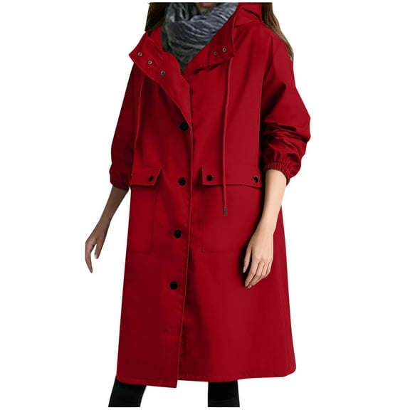 Stamzod Womens Jackets with Pocket Solid Color Long Sleeve Wind Breaker Jacket Womens Casual Mid Length Hooded Coats for Women Red B XL