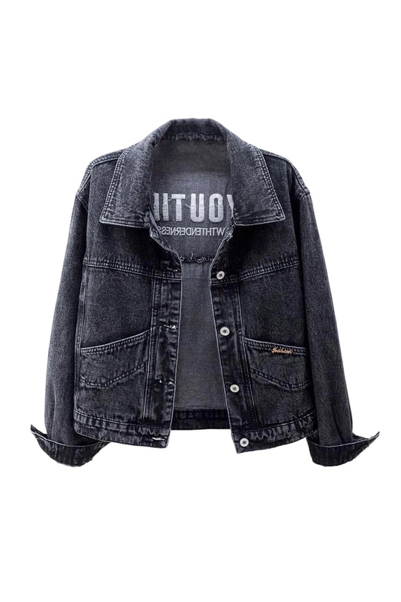 Womens Jean Jacket Fashion Letter Printed Turndown Long Sleeve Button Up Denim Jacket with Pocket Casual Blue Jean Jackets for Women Black F S