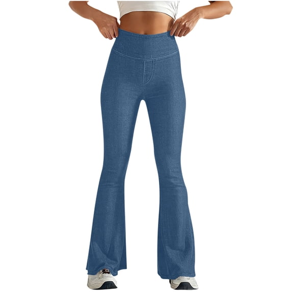 Stamzod Womens Jeans Stretchy Casual High Waisted Flare Denim Pants Oversized Yoga Pants with Pockets for Women Blue M