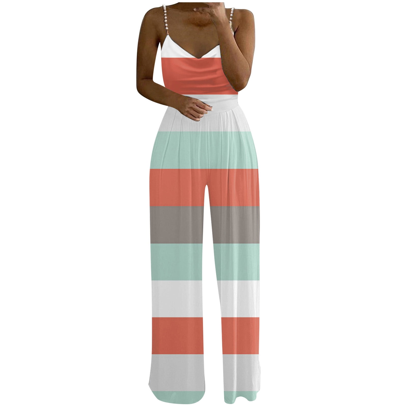 Stamzod Womens Jumpsuits Casual Stripe Print Long Playsuit Loose Lady Pearl  Suspender Jumpsuit 