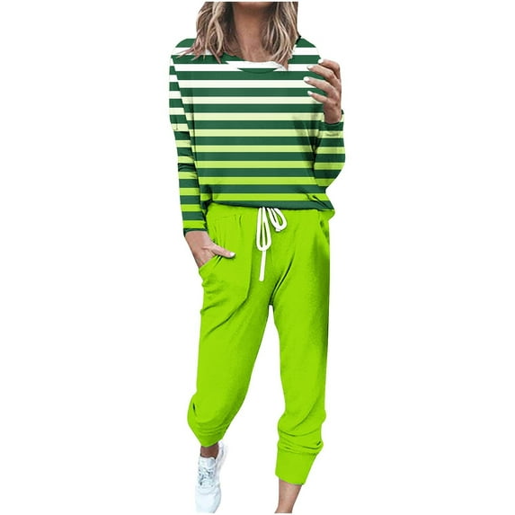 Stamzod Womens Long Sleeve Pullover Tops and Long Pants Tracksuit Classic Stripe Patchwork Lounge Sets Casual 2 Piece Outfits Sweat Suits