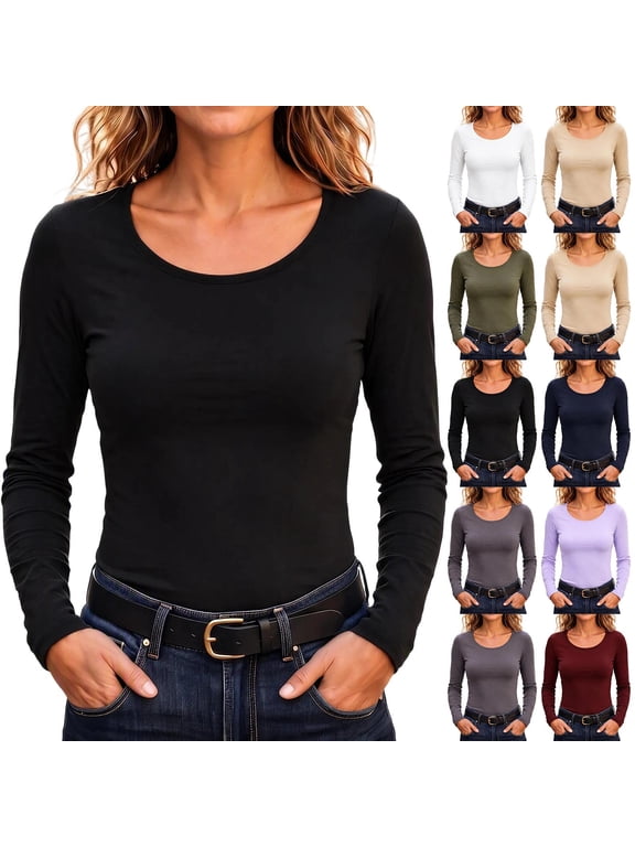 Womens Long Sleeve Tops Crew Neck Casual Fitted Shirts Slim Fit Layering Basic Tees Fall Clothes