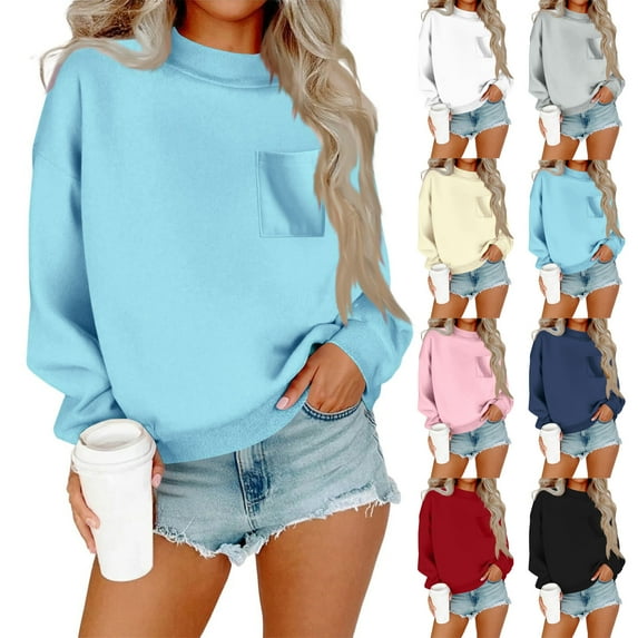Stamzod Womens Long Sleeve Tops Solid Color Crewneck Long Sleeve Pullover Sweatshirts Casual Off Shoulder Sweatshirt for Women White-5 XL
