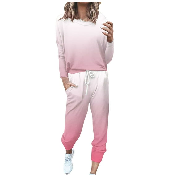 Stamzod Womens Loungewear Set Clearance 2 Piece Sets Loose Top Round Neck Solid Color Long Sleeve Long Pants Drawstring With Pocket Large Size Womens Sets