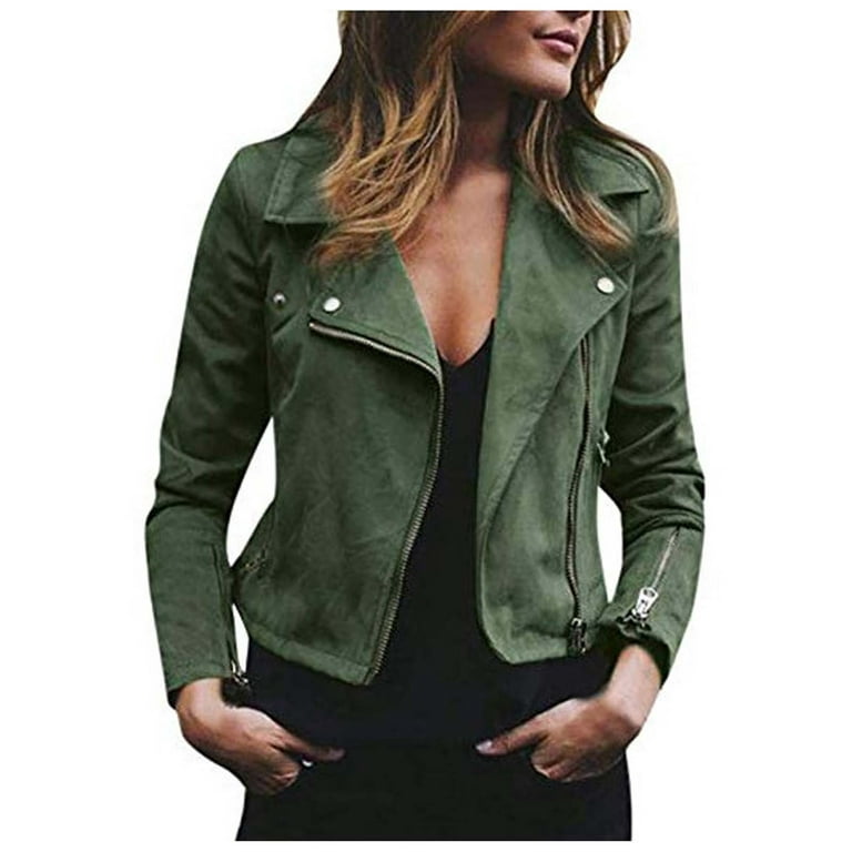 Stamzod Womens Luxury Clothing Cropped Suede Leather Motorcycle Jackets  Comfortable Stylish Zipper Short Jackets Coats Green 3XL