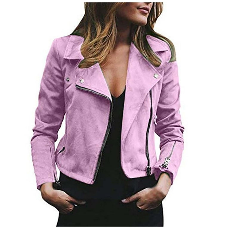 Stamzod Womens Luxury Clothing Cropped Suede Leather Motorcycle Jackets  Comfortable Stylish Zipper Short Jackets Coats Pink 5XL 