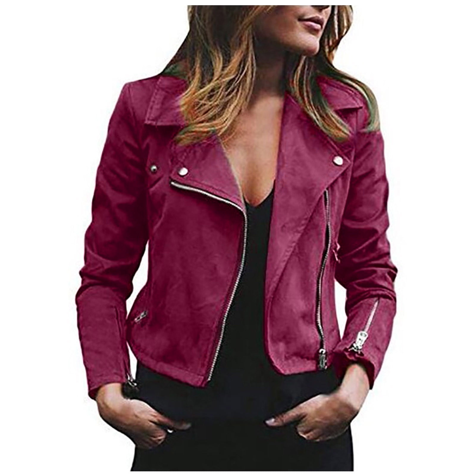 Stamzod Womens Luxury Clothing Cropped Suede Leather Motorcycle Jackets  Comfortable Stylish Zipper Short Jackets Coats Wine XL 