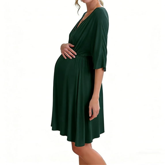 Stamzod Womens Maternity Dress Summer V Neck Nursing Breast Feeding Dress Short Sleeve Casual Knee High Pregnancy Dresses for Women Green M