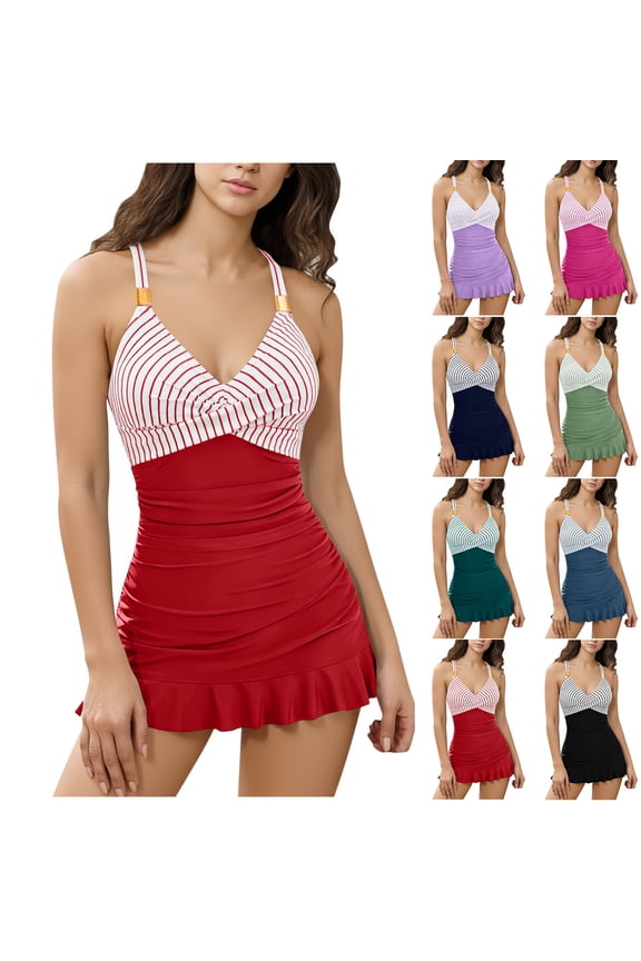 Womens One Piece Swimsuit Tummy Control Ruffle Swim Dress Skirt Criss Cross Ruched Bathing Suit Red XL
