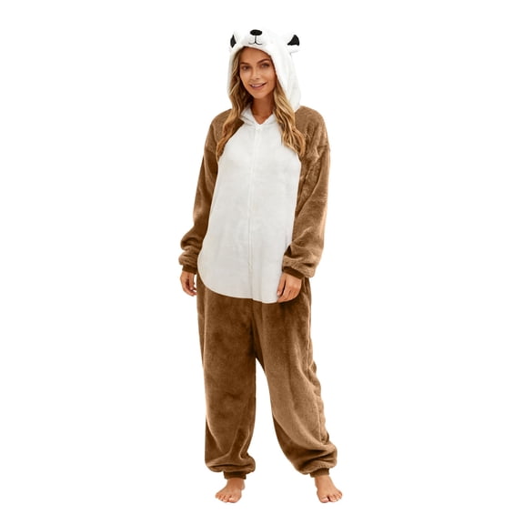 Stamzod Womens Onesie Pajamas Unisex Bear Sleepwear Rompers Winter Funny Warm Fleece Pajama Jumpsuit with Pocket Coffee XL