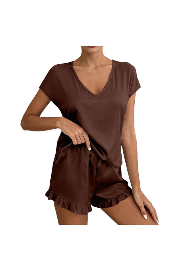 Womens Pajama Sets 2 Piece Ruffle Sleeveless Lounge Set Comfy Sleepwear Ladies Pjs Sets Coffee B XXL