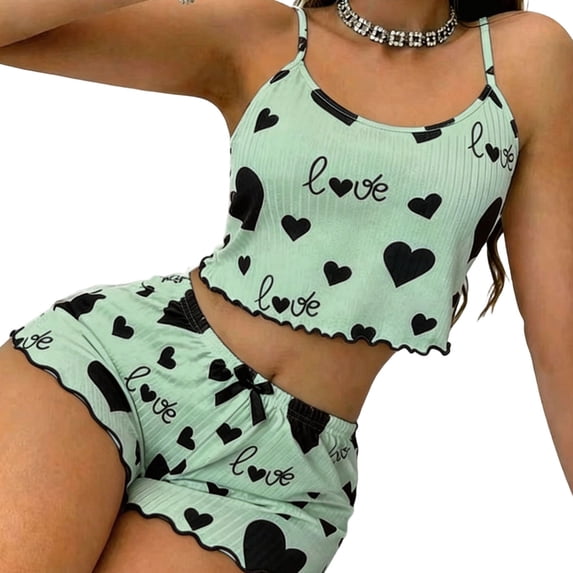 Stamzod Womens Pajama Sets Love Heart Printed Tank Top and Shorts Sleepwear Summer Comfy Sets for Women Clothing