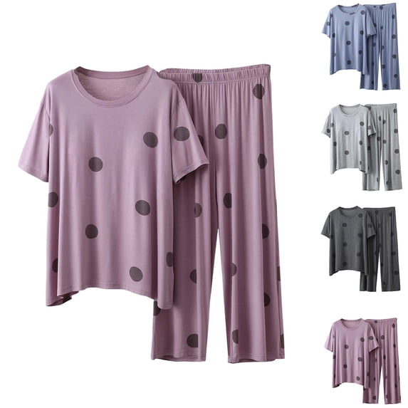Stamzod Womens Pajamas Sets 2 Piece Short Sleeve Lounge Set Cute Printed Loose Pants Loungewear Sets Woman Oversized Pj Set Purple XXL