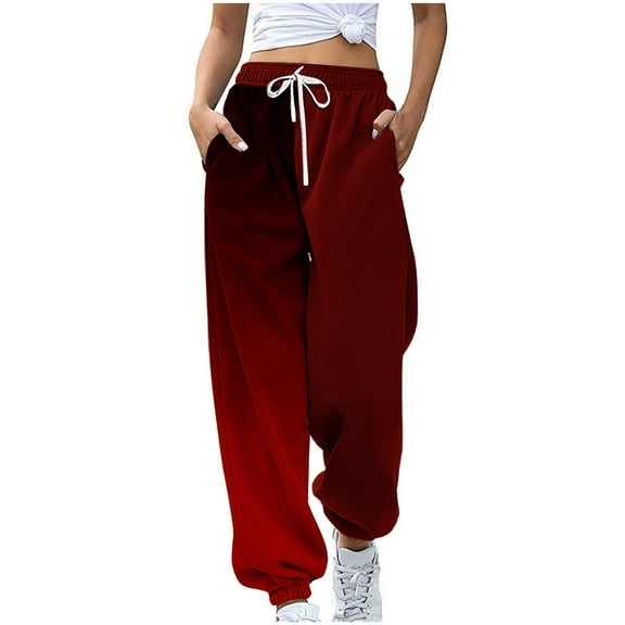 Stamzod Womens Pants Casual Loose Drawstring Sweatpants Fashion Gradient Pritning Elastic Waist Long Pants Loungewear Athletic Pants for Women with Pocket Red C S
