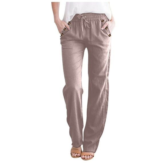 Stamzod Womens Pants Summer Solid Color Vintage Elastic Waist Full Length Pants Casual Loose Straight Leg Trousers Pants for Women with Pocket Khaki C L